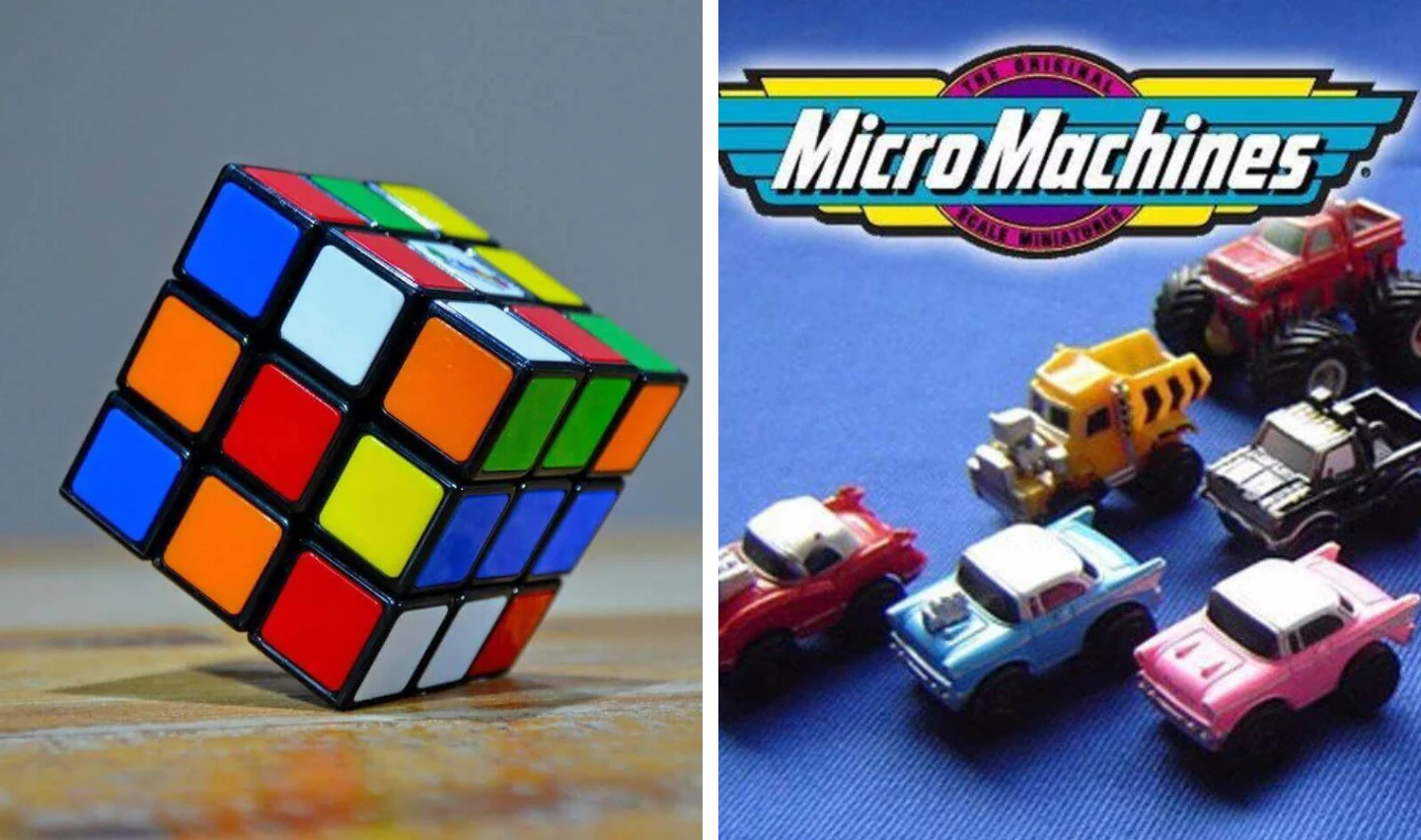 Split image: Left shows a solved Rubik’s Cube with colorful squares; right displays Micro Machines, small toy vehicles, on a blue surface with the logo above them.