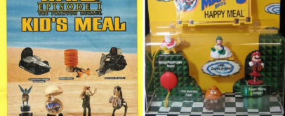 Left: A poster displaying Star Wars Episode I-themed kid's meal toys, including various characters and vehicles. Right: A toy set featuring Super Mario Bros 3 characters, labeled with their names, in a colorful display box.