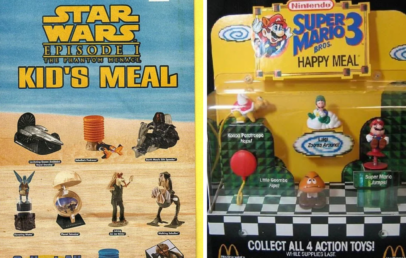 Left: A poster displaying Star Wars Episode I-themed kid's meal toys, including various characters and vehicles. Right: A toy set featuring Super Mario Bros 3 characters, labeled with their names, in a colorful display box.