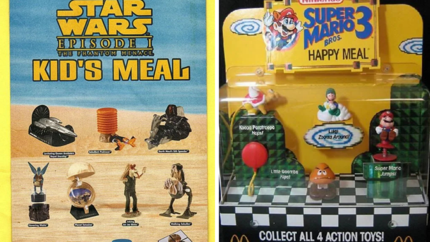 Left: A poster displaying Star Wars Episode I-themed kid's meal toys, including various characters and vehicles. Right: A toy set featuring Super Mario Bros 3 characters, labeled with their names, in a colorful display box.