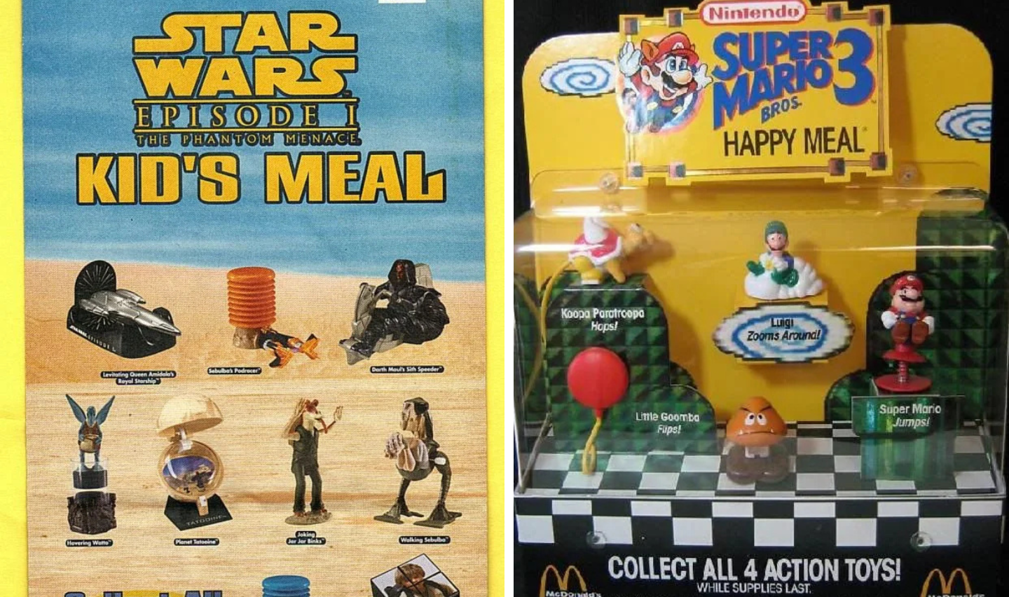 Left: A poster displaying Star Wars Episode I-themed kid's meal toys, including various characters and vehicles. Right: A toy set featuring Super Mario Bros 3 characters, labeled with their names, in a colorful display box.