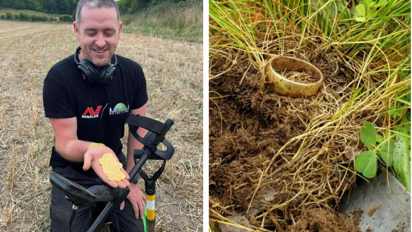 A man in a field holding several gold coins, smiling, with a metal detector next to him. To the right, a close-up of a gold ring partially buried in the grass and soil.