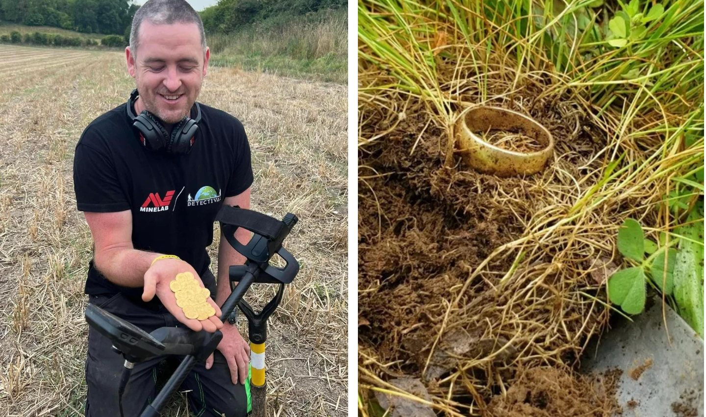 A man in a field holding several gold coins, smiling, with a metal detector next to him. To the right, a close-up of a gold ring partially buried in the grass and soil.