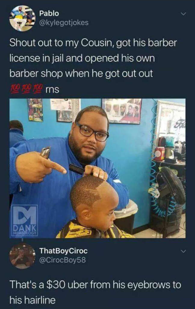 A barber is trimming a child's hair, creating a precise design. The child has a focused expression. There are social media comments discussing the barber's new business and the cost of the haircut.