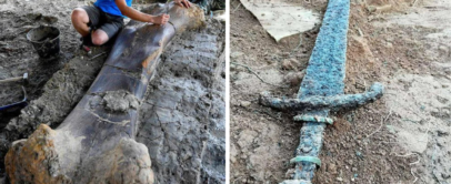 Left: A person crouches next to a large, excavated dinosaur bone partially embedded in dirt. Right: A long, weathered sword lying on the ground, with a green oxidized surface.