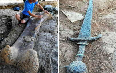 Left: A person crouches next to a large, excavated dinosaur bone partially embedded in dirt. Right: A long, weathered sword lying on the ground, with a green oxidized surface.