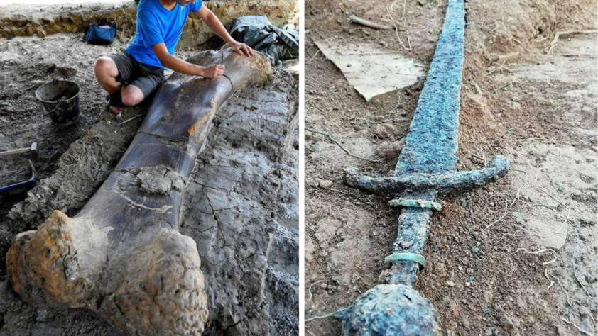 Left: A person crouches next to a large, excavated dinosaur bone partially embedded in dirt. Right: A long, weathered sword lying on the ground, with a green oxidized surface.