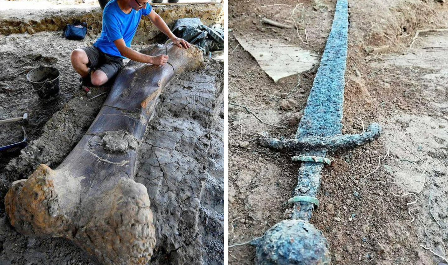 Left: A person crouches next to a large, excavated dinosaur bone partially embedded in dirt. Right: A long, weathered sword lying on the ground, with a green oxidized surface.