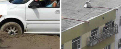 A white car is stuck in wet cement on the left. On the right, two workers on a suspended platform paint a building facade, with one part of the platform not firmly supported.