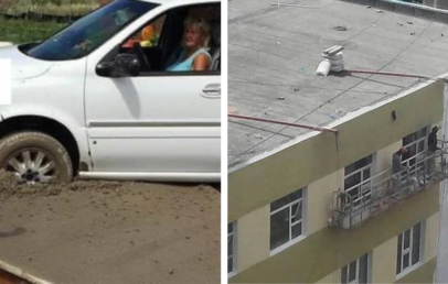 A white car is stuck in wet cement on the left. On the right, two workers on a suspended platform paint a building facade, with one part of the platform not firmly supported.