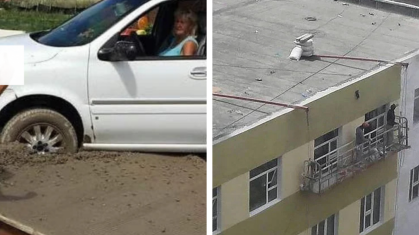 A white car is stuck in wet cement on the left. On the right, two workers on a suspended platform paint a building facade, with one part of the platform not firmly supported.