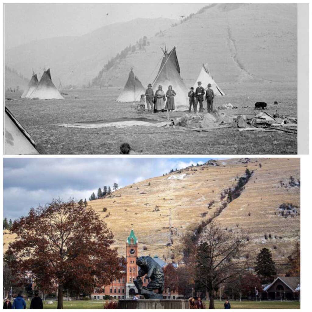 Top image shows Native American people standing in front of teepees in a valley. Bottom image shows the same location in present day with trees, a statue, and a large brick building in front of a hillside.