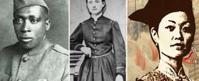 A triptych of historical figures: on the left, a Black man in a military uniform; in the middle, a white woman in a 19th-century dress; on the right, an Asian woman in traditional attire and hat.