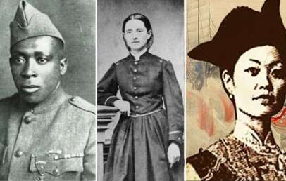 A triptych of historical figures: on the left, a Black man in a military uniform; in the middle, a white woman in a 19th-century dress; on the right, an Asian woman in traditional attire and hat.