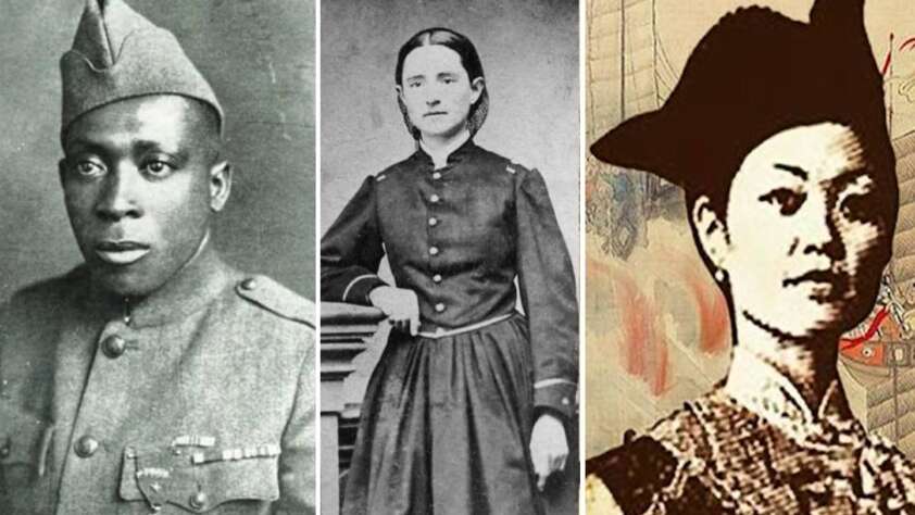 A triptych of historical figures: on the left, a Black man in a military uniform; in the middle, a white woman in a 19th-century dress; on the right, an Asian woman in traditional attire and hat.