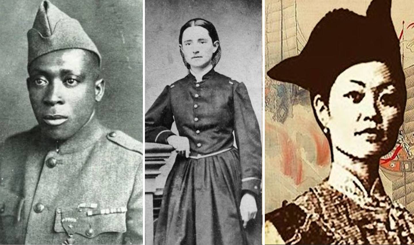 A triptych of historical figures: on the left, a Black man in a military uniform; in the middle, a white woman in a 19th-century dress; on the right, an Asian woman in traditional attire and hat.