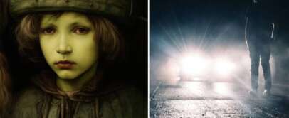 Left side: A digitally created image of a child with pale green skin and a helmet, looking serious. Right side: A silhouette of a person walking at night on a wet road, illuminated by approaching car headlights.