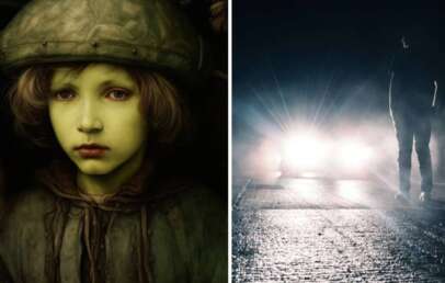 Left side: A digitally created image of a child with pale green skin and a helmet, looking serious. Right side: A silhouette of a person walking at night on a wet road, illuminated by approaching car headlights.