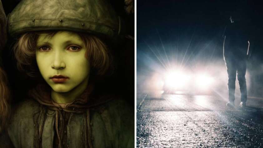 Left side: A digitally created image of a child with pale green skin and a helmet, looking serious. Right side: A silhouette of a person walking at night on a wet road, illuminated by approaching car headlights.