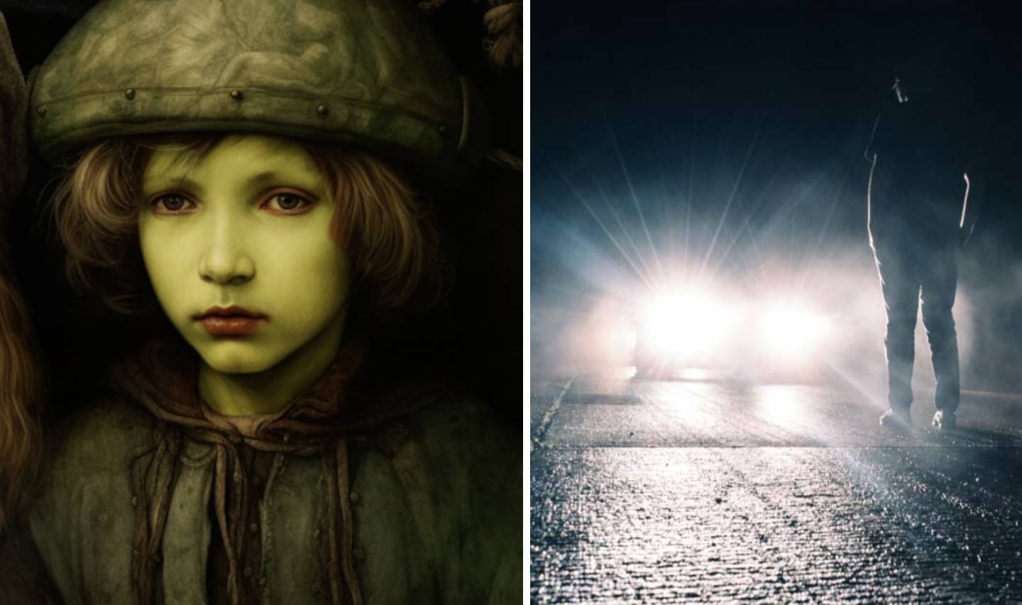 Left side: A digitally created image of a child with pale green skin and a helmet, looking serious. Right side: A silhouette of a person walking at night on a wet road, illuminated by approaching car headlights.