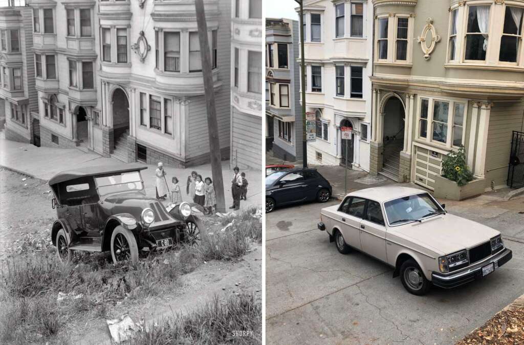 A split image showing cars on a steep, narrow street lined with houses. On the left, a vintage car with people beside it. On the right, a modern car parked in front of similar-style houses.