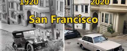 Split image comparison of San Francisco streets in 1920 and 2020. Left: Black and white photo of a vintage car and people on a street. Right: Modern color photo of a parked car on a similar street. Both settings have similar style buildings.