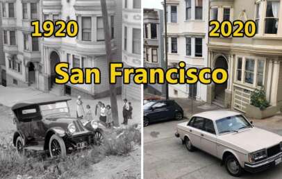 Split image comparison of San Francisco streets in 1920 and 2020. Left: Black and white photo of a vintage car and people on a street. Right: Modern color photo of a parked car on a similar street. Both settings have similar style buildings.