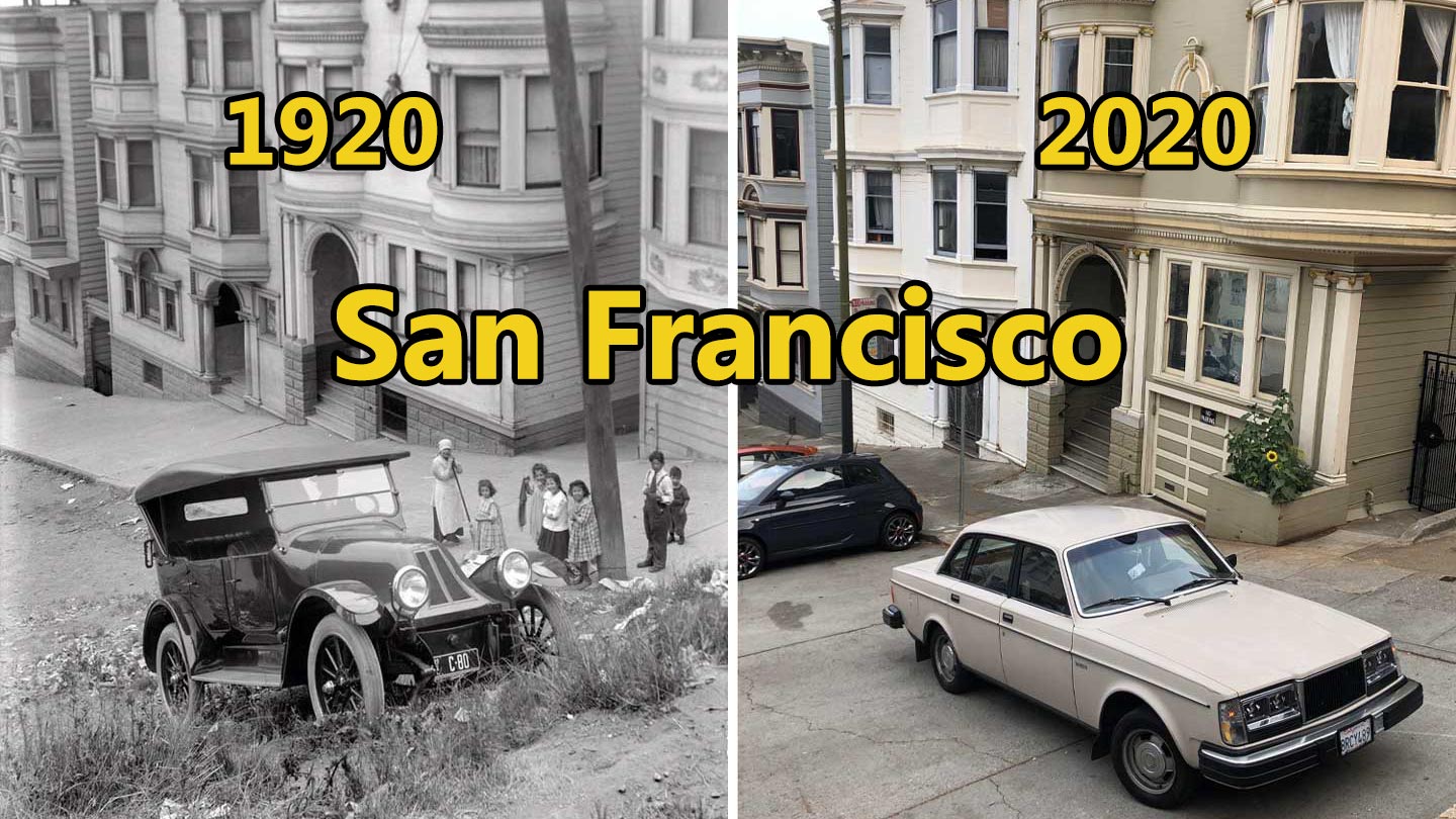 Split image comparison of San Francisco streets in 1920 and 2020. Left: Black and white photo of a vintage car and people on a street. Right: Modern color photo of a parked car on a similar street. Both settings have similar style buildings.