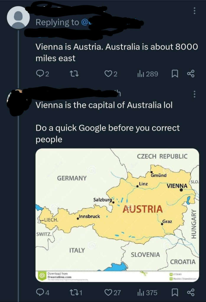 A social media post shows a map of Austria marked with cities like Vienna and Salzburg. A user mistakenly corrects another by saying "Vienna is the capital of Australia," causing humorous online reactions.