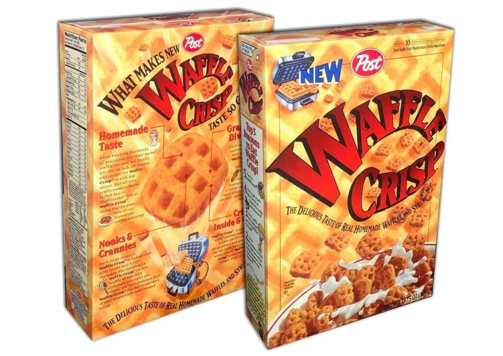 Two boxes of Waffle Crisp cereal are shown. The front box features a bowl of cereal with milk and a toaster. The packaging highlights the "delicious taste of real homemade waffles" and the cereal's waffle shape.