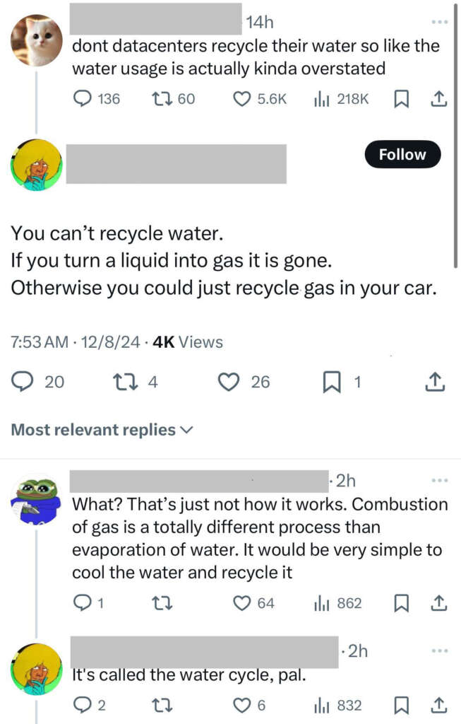 A Twitter conversation about water recycling: A user comments on datacenters recycling water. Another replies that once water is turned into gas, it's gone, and suggests recycling gas instead. Responses humorously correct this misconception about the water cycle.