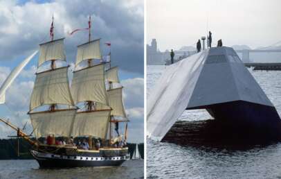 On the left, a traditional wooden sailing ship with full sails against a cloudy sky. On the right, a futuristic, stealthy naval vessel partially submerged, with a sleek angular design.