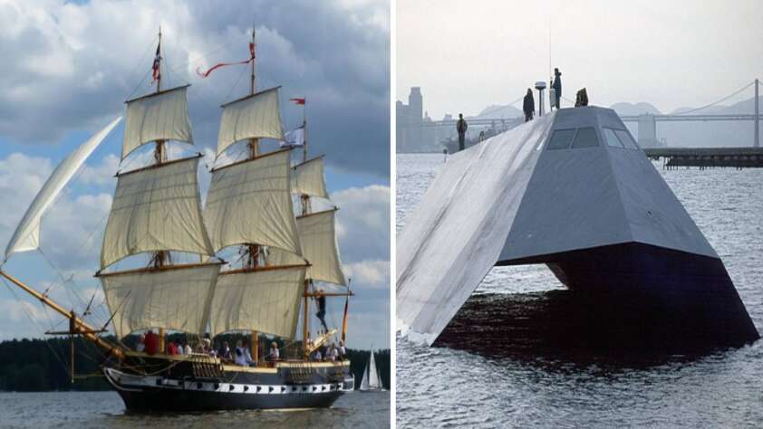 On the left, a traditional wooden sailing ship with full sails against a cloudy sky. On the right, a futuristic, stealthy naval vessel partially submerged, with a sleek angular design.