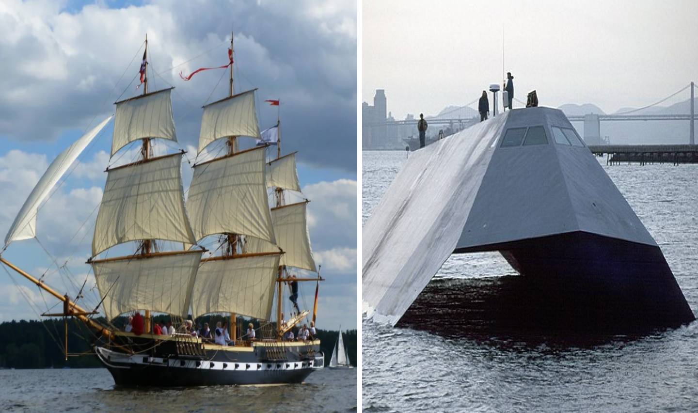 On the left, a traditional wooden sailing ship with full sails against a cloudy sky. On the right, a futuristic, stealthy naval vessel partially submerged, with a sleek angular design.