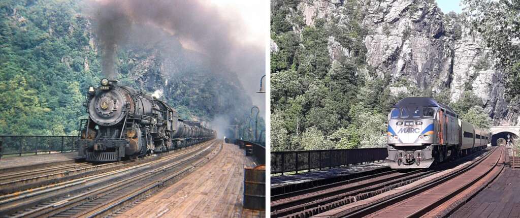 On the left, a steam locomotive travels on a wooden railroad through a lush landscape. On the right, a modern MARC train moves along similar tracks, accompanied by a rocky cliff backdrop.