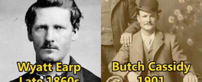 Split image of two historical figures. Left: Man with short hair and mustache labeled "Wyatt Earp Late 1860s." Right: Man in a suit and bowler hat labeled "Butch Cassidy 1901." Both have serious expressions.