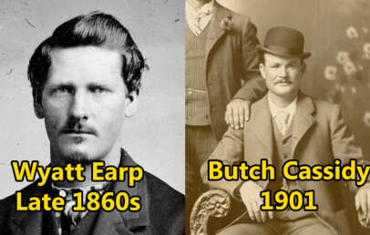 Split image of two historical figures. Left: Man with short hair and mustache labeled "Wyatt Earp Late 1860s." Right: Man in a suit and bowler hat labeled "Butch Cassidy 1901." Both have serious expressions.