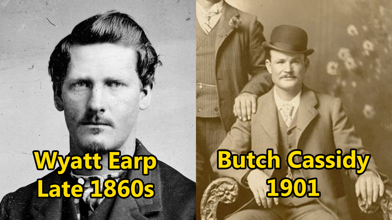 Split image of two historical figures. Left: Man with short hair and mustache labeled "Wyatt Earp Late 1860s." Right: Man in a suit and bowler hat labeled "Butch Cassidy 1901." Both have serious expressions.