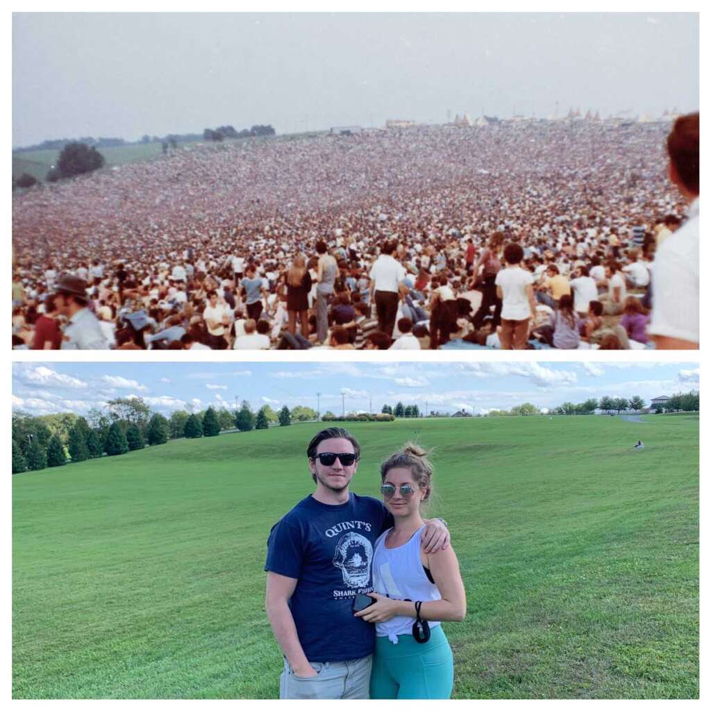 A split image shows a vast crowd at a historical music festival in the upper half, contrasted with a modern-day couple posing on a green, empty field in the lower half, suggesting the same location at different times.