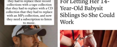 Left side: A man wearing a cap looks thoughtful. Text above him humorously explains that Generation X is grumpy due to constant music format changes. Right side: A newspaper headline states a single mom is charged for allowing her teen to babysit siblings, with an image of handcuffed hands.