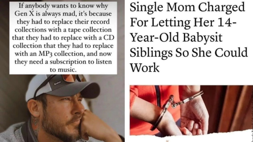 Left side: A man wearing a cap looks thoughtful. Text above him humorously explains that Generation X is grumpy due to constant music format changes. Right side: A newspaper headline states a single mom is charged for allowing her teen to babysit siblings, with an image of handcuffed hands.