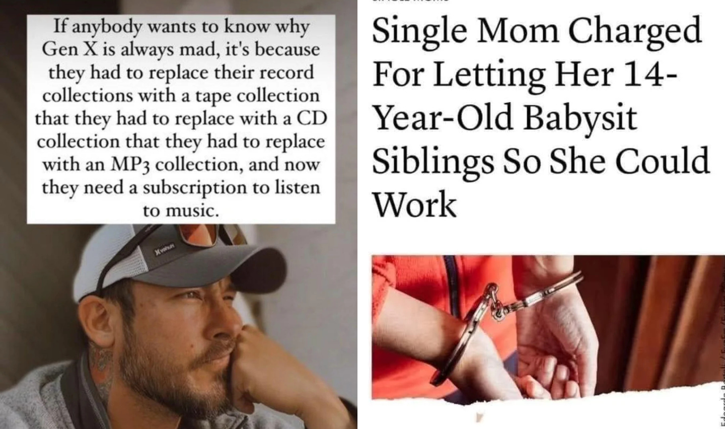 Left side: A man wearing a cap looks thoughtful. Text above him humorously explains that Generation X is grumpy due to constant music format changes. Right side: A newspaper headline states a single mom is charged for allowing her teen to babysit siblings, with an image of handcuffed hands.