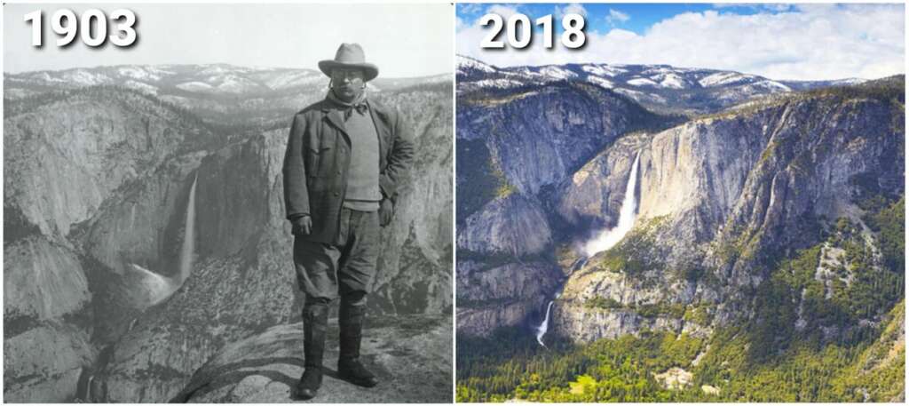 A split image compares Yosemite National Park in 1903 and 2018. The left shows a man in front of a waterfall in 1903, in black and white. The right shows the same waterfall in 2018, in color, with lush greenery and a clear sky.