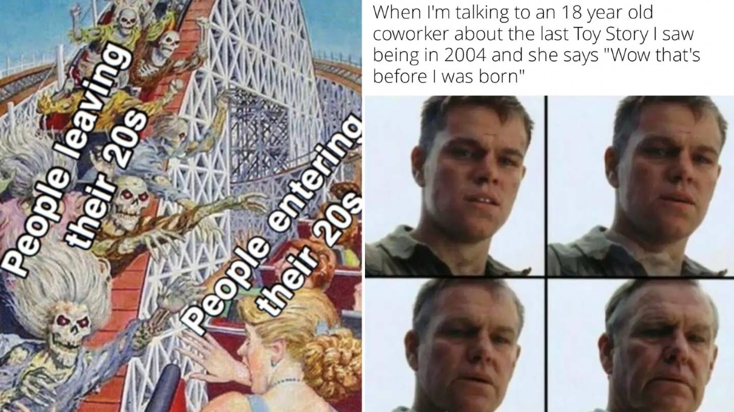 A meme with two parts. On the left, people on a roller coaster plunge labeled "People leaving their 20s" and "People entering their 20s." On the right, a man looks distressed with text about feeling old discussing Toy Story with a younger coworker.