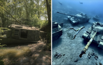 Left image: A tank lies abandoned in a forested area, partially submerged in muddy water. Right image: Tanks rest on the ocean floor, covered in sediment, with marine life swimming nearby.