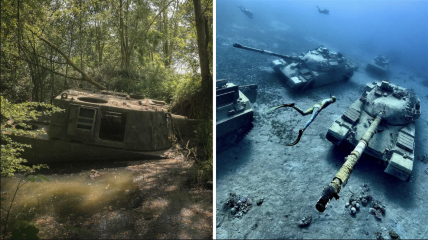 Left image: A tank lies abandoned in a forested area, partially submerged in muddy water. Right image: Tanks rest on the ocean floor, covered in sediment, with marine life swimming nearby.