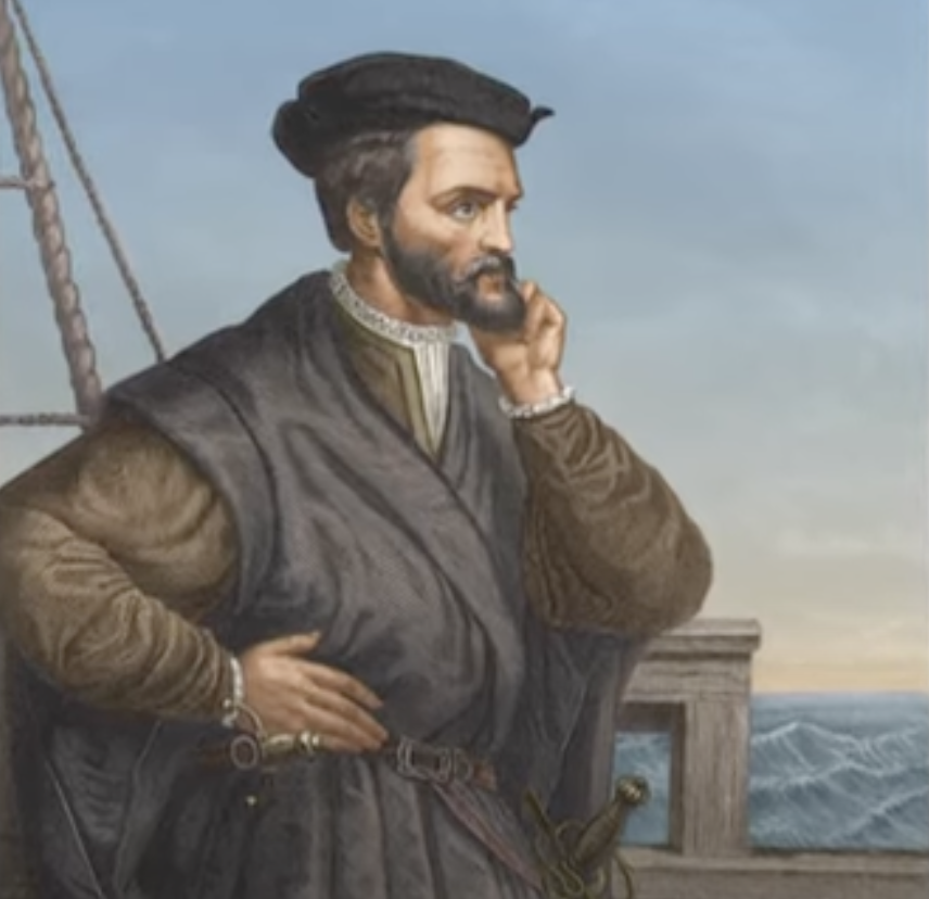 A historical painting of an explorer in period clothing on a ship, gazing contemplatively at the sea. He wears a dark hat and tunic, with one hand on his hip and the other on his chin. The sky is clear with visible waves in the background.