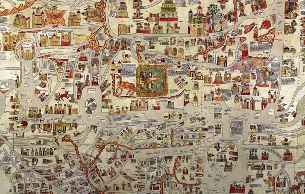 An intricate, medieval-style map filled with colorful illustrations of buildings, people, and animals. The map features a network of roads and rivers, with various towns and landmarks depicted, including a central detailed illustration of a mythical creature.