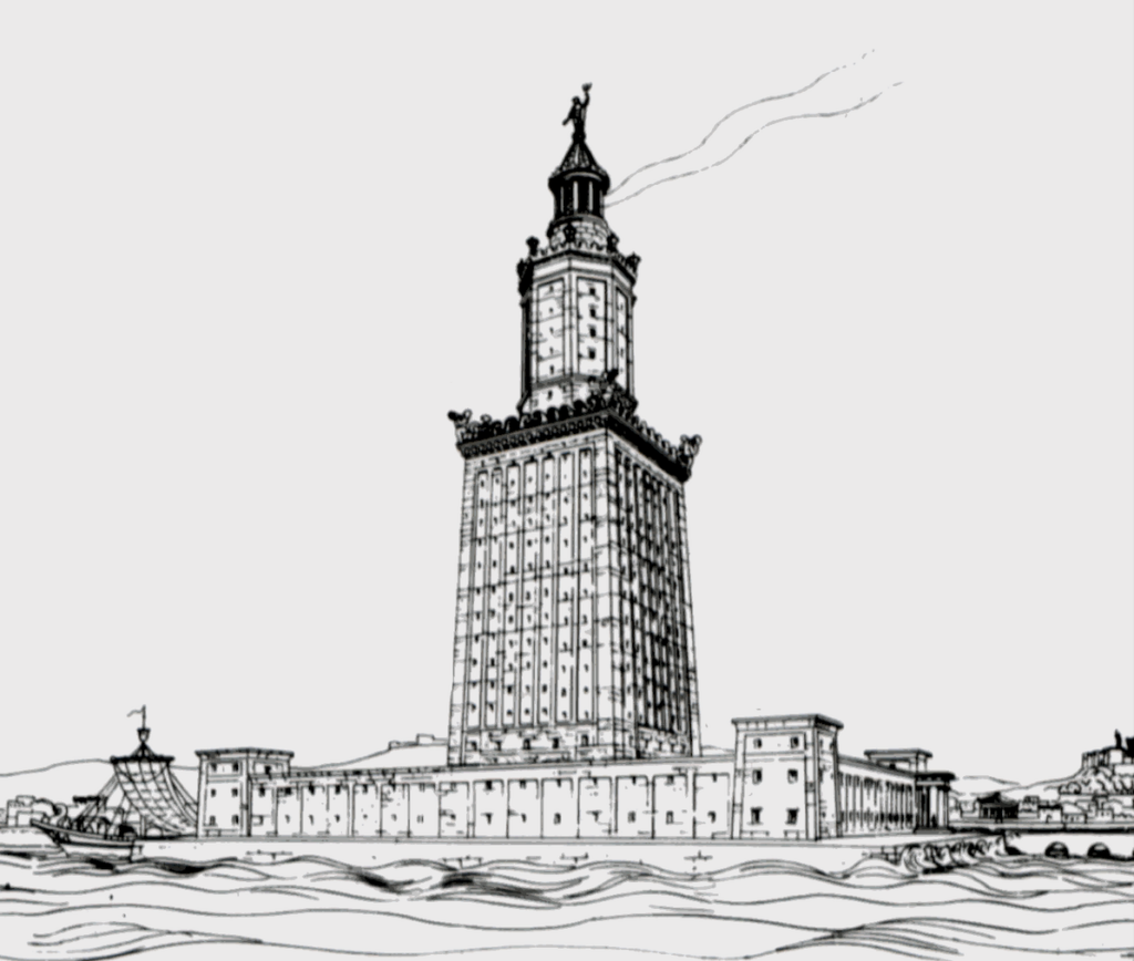 Illustration of the Lighthouse of Alexandria, featuring a tall, multi-tiered structure with a wide base, narrowing as it ascends. The lighthouse is topped with a statue and has a detailed, classic architectural design, set on a coastal landscape.