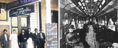 Left: A group of people standing outside the Fountain Saloon and Lunch Counter. Right: People sitting inside an old-fashioned, ornate train carriage. The setting appears to be historical, with period attire.